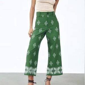Zara Embroidered Linen Blend River Island Green Wide Leg Trousers Small